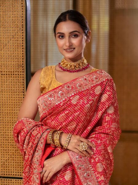 Red Bandhani Silk Saree – Zari Woven Traditional Festive Drape