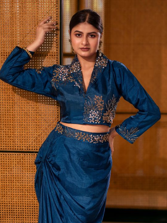 Women's Embroidered Silk Drape Skirt Set – Festive Indo-Western Ensemble