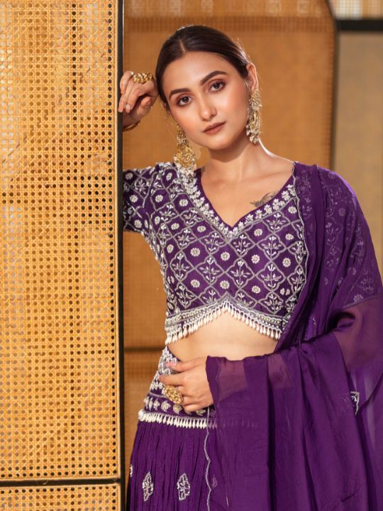 Designer Mirror Embroidered Purple Georgette Lehenga Set