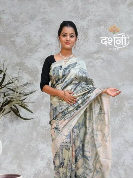 Pastel Botanical Printed Saree – Soft Silk Blend with Blouse