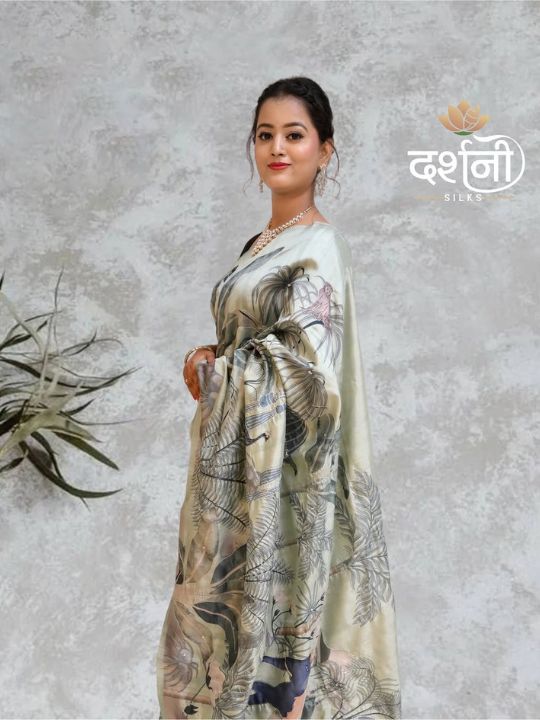 Pastel Botanical Printed Saree – Soft Silk Blend with Blouse