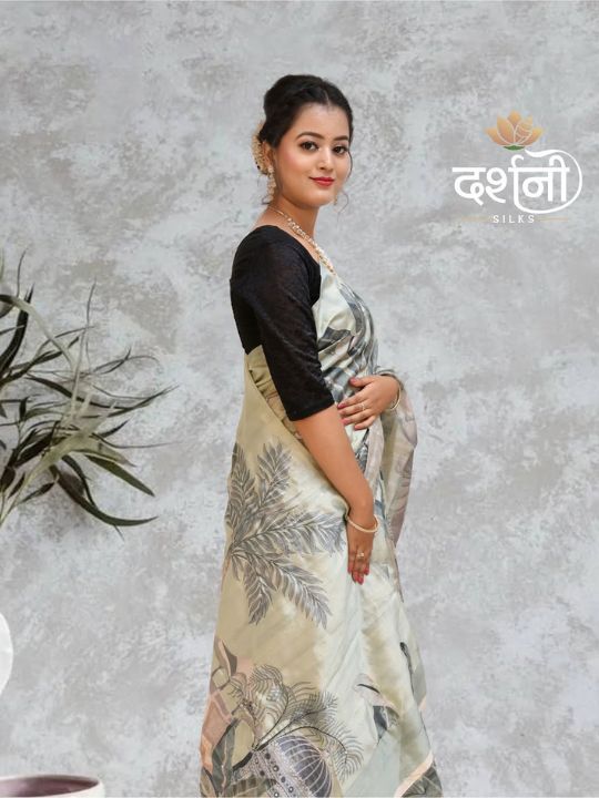 Pastel Botanical Printed Saree – Soft Silk Blend with Blouse