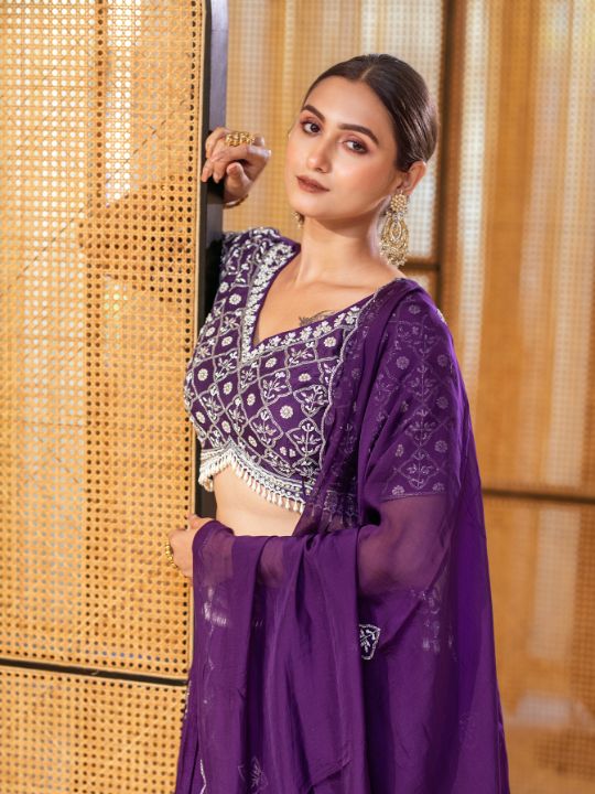 Designer Mirror Embroidered Purple Georgette Lehenga Set