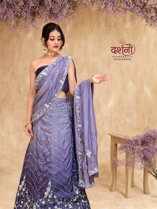 Lavender Ombre Embroidered Lehenga Set – Strapless Blouse & Dupatta by Darshani Silks