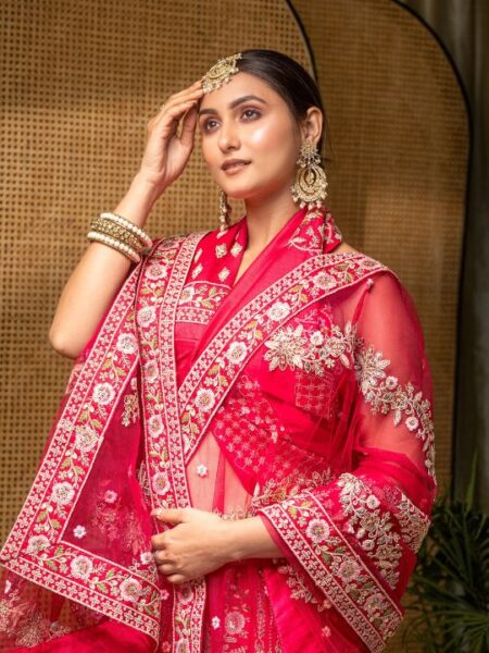 Red Net Bridal Lehenga Set – Heavy Floral Embroidery & Sequins