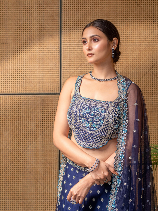 Navy Blue Sequin Embroidered Net Lehenga Set – Bridal & Festive Wear