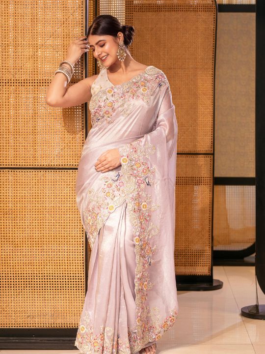 Pastel Lilac Embroidered Saree – Silk Blend with Floral Detailing