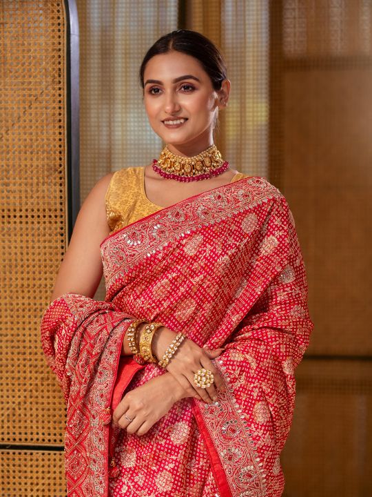 Red Bandhani Silk Saree – Zari Woven Traditional Festive Drape