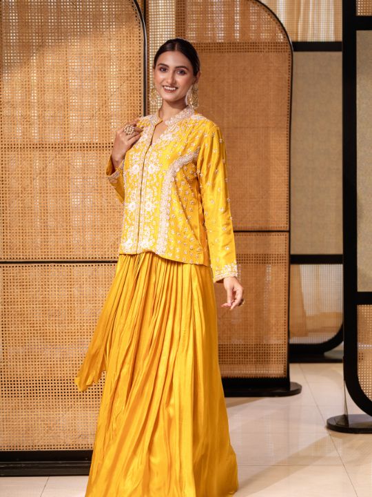 Embroidered Silk Co-Ord Set – Mustard Yellow Festive Wear