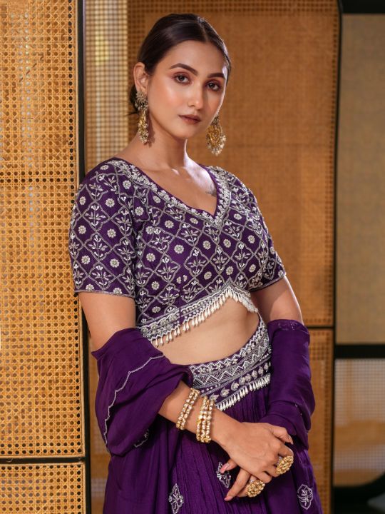 Designer Mirror Embroidered Purple Georgette Lehenga Set