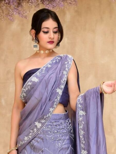 Lavender Ombre Embroidered Lehenga Set – Strapless Blouse & Dupatta by Darshani Silks