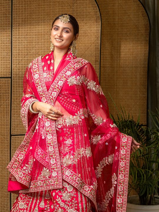 Red Net Bridal Lehenga Set – Heavy Floral Embroidery & Sequins