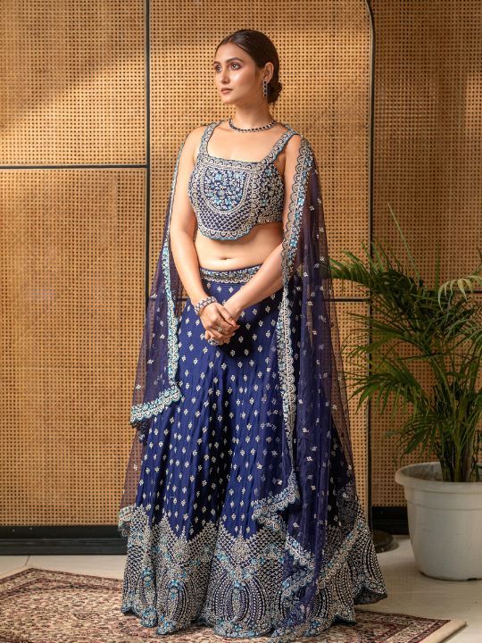 Navy Blue Sequin Embroidered Net Lehenga Set – Bridal & Festive Wear