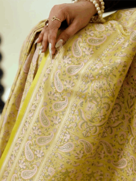 Pastel Yellow Banarasi Silk Saree – Woven Paisley & Floral Zari Work