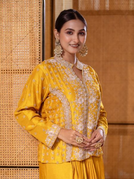 Embroidered Silk Co-Ord Set – Mustard Yellow Festive Wear