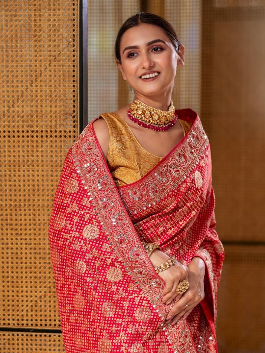 Red Bandhani Silk Saree – Zari Woven Traditional Festive Drape