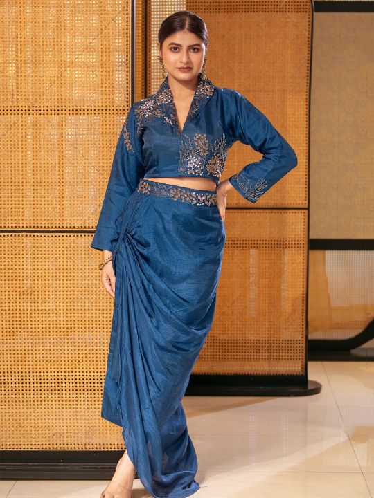 Women's Embroidered Silk Drape Skirt Set – Festive Indo-Western Ensemble