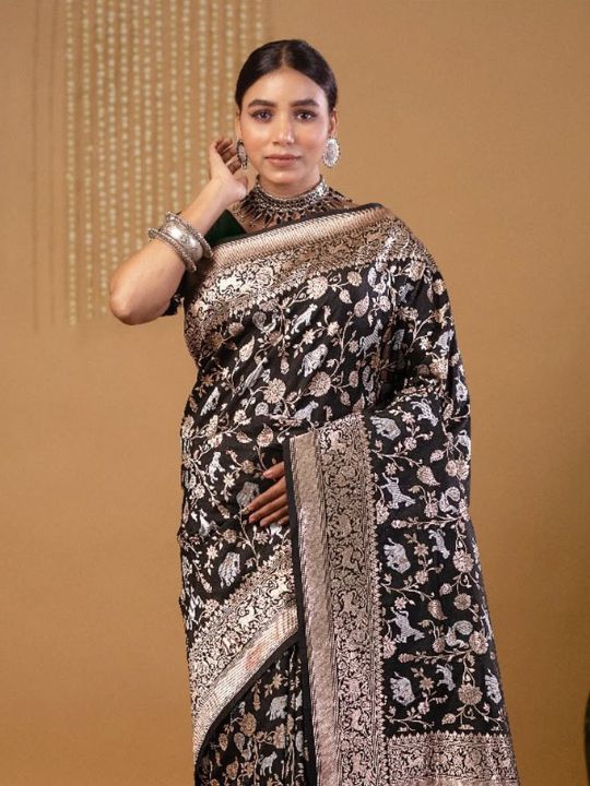 Black Banarasi Silk Saree – Silver Zari Woven Bridal & Festive Wear