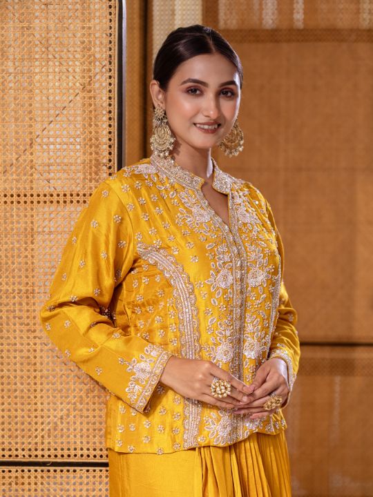Embroidered Silk Co-Ord Set – Mustard Yellow Festive Wear