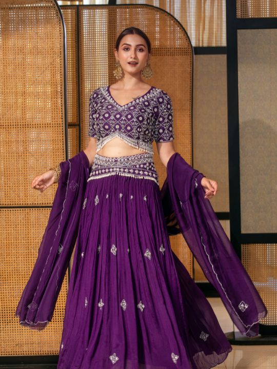 Designer Mirror Embroidered Purple Georgette Lehenga Set