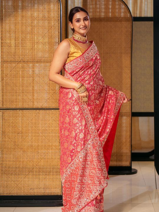 Red Bandhani Silk Saree – Zari Woven Traditional Festive Drape
