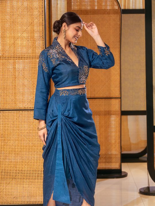 Women's Embroidered Silk Drape Skirt Set – Festive Indo-Western Ensemble