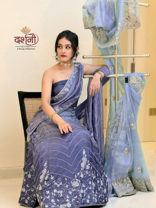Lavender Ombre Embroidered Lehenga Set – Strapless Blouse & Dupatta by Darshani Silks