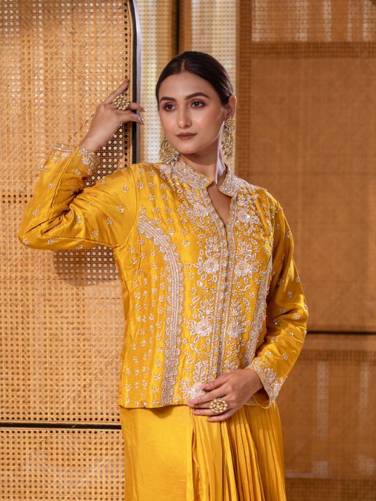Embroidered Silk Co-Ord Set – Mustard Yellow Festive Wear