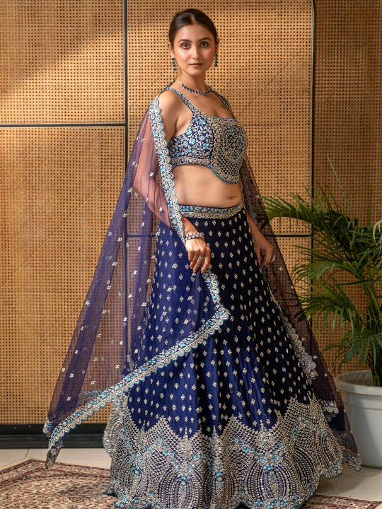 Navy Blue Sequin Embroidered Net Lehenga Set – Bridal & Festive Wear