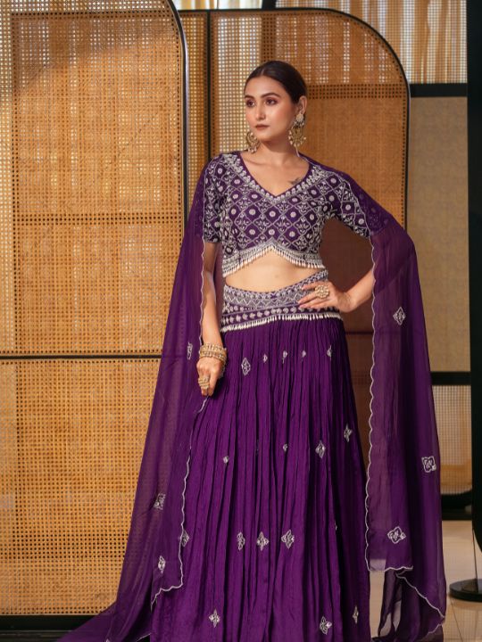 Designer Mirror Embroidered Purple Georgette Lehenga Set