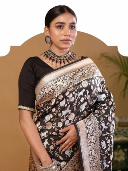 Black Banarasi Silk Saree – Silver Zari Woven Bridal & Festive Wear