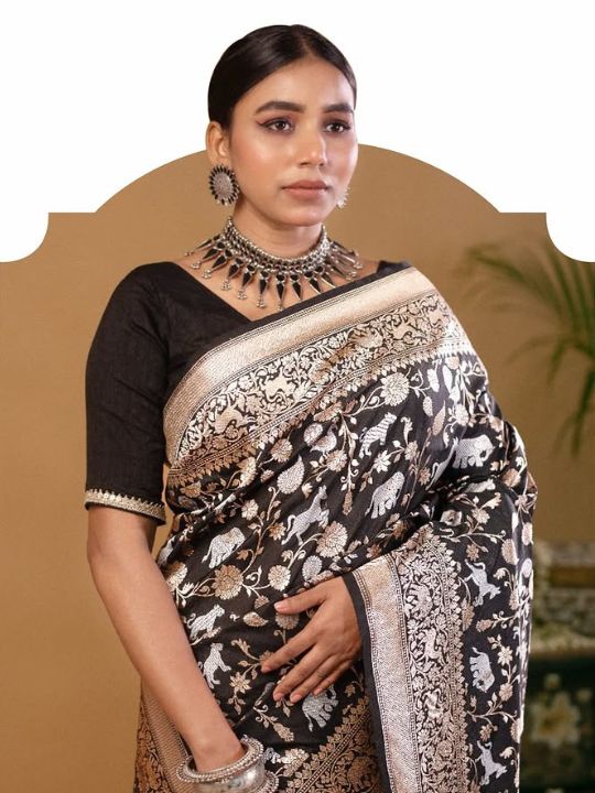 Black Banarasi Silk Saree – Silver Zari Woven Bridal & Festive Wear