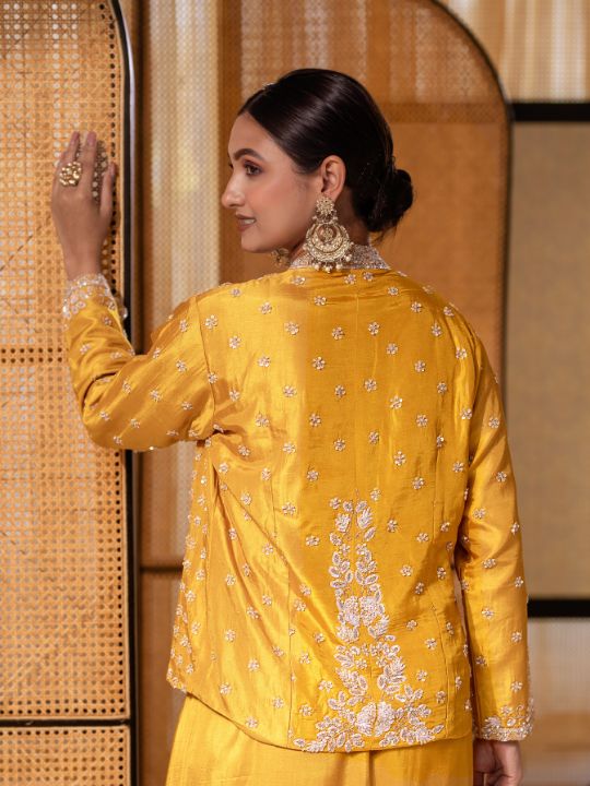Embroidered Silk Co-Ord Set – Mustard Yellow Festive Wear