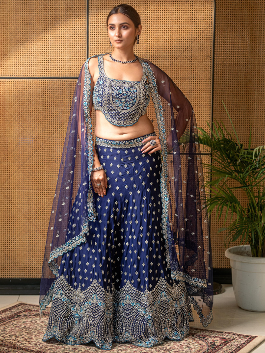 Navy Blue Sequin Embroidered Net Lehenga Set – Bridal & Festive Wear