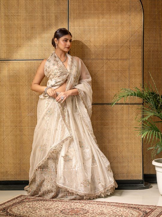 Ivory Embroidered Lehenga Saree – Net Overlay with Zari & Sequin Work
