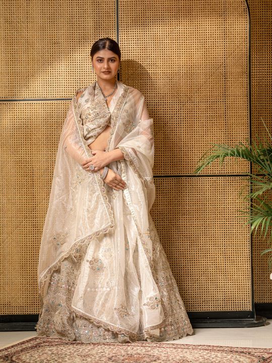 Ivory Embroidered Lehenga Saree – Net Overlay with Zari & Sequin Work