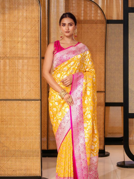 Banarasi Silk Saree – Yellow & Pink Contrast with Zari Work