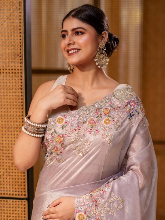 Pastel Lilac Embroidered Saree – Silk Blend with Floral Detailing