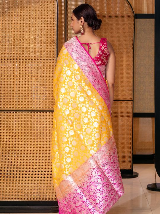 Banarasi Silk Saree – Yellow & Pink Contrast with Zari Work