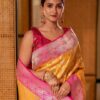 Banarasi Silk Saree – Yellow & Pink Contrast with Zari Work
