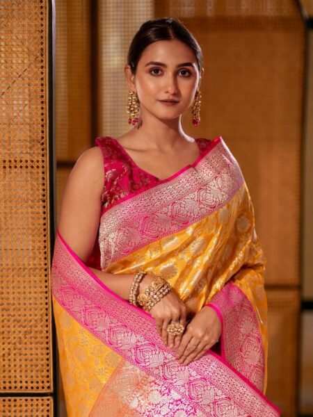 Banarasi Silk Saree – Yellow & Pink Contrast with Zari Work