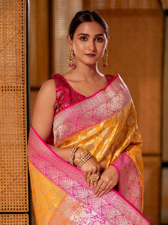 Banarasi Silk Saree – Yellow & Pink Contrast with Zari Work