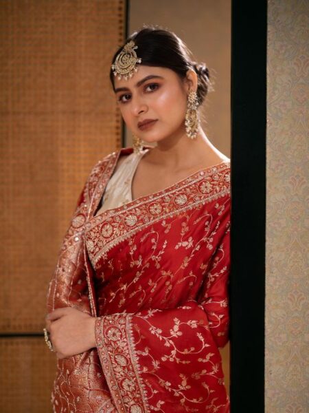 Designer Red Banarasi Silk Saree – Heavy Zari Embroidery & Bridal Appeal
