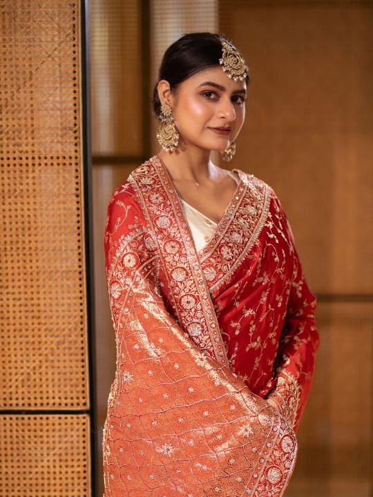 Designer Red Banarasi Silk Saree – Heavy Zari Embroidery & Bridal Appeal