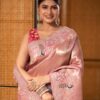 Pastel Pink Silk Saree with Peacock Embroidery & Floral Zari Work