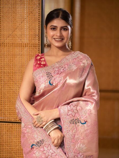 Pastel Pink Silk Saree with Peacock Embroidery & Floral Zari Work