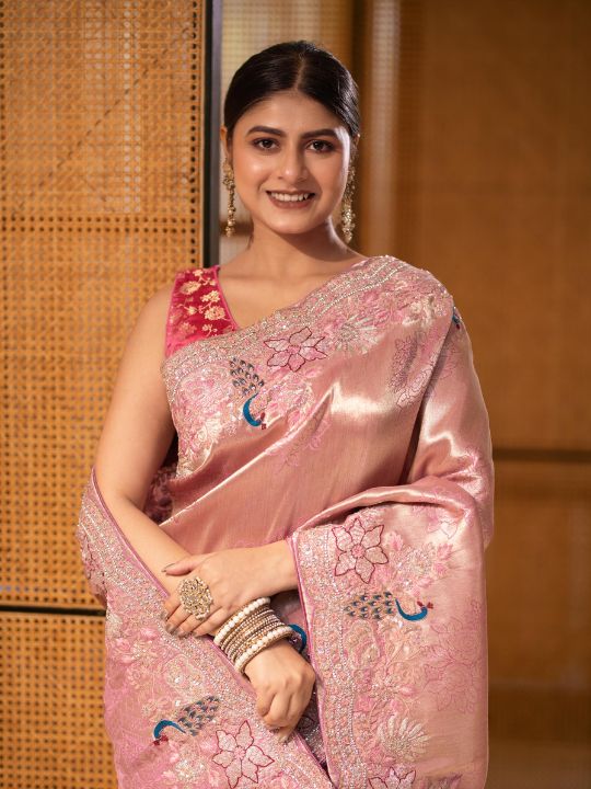 Pastel Pink Silk Saree with Peacock Embroidery & Floral Zari Work