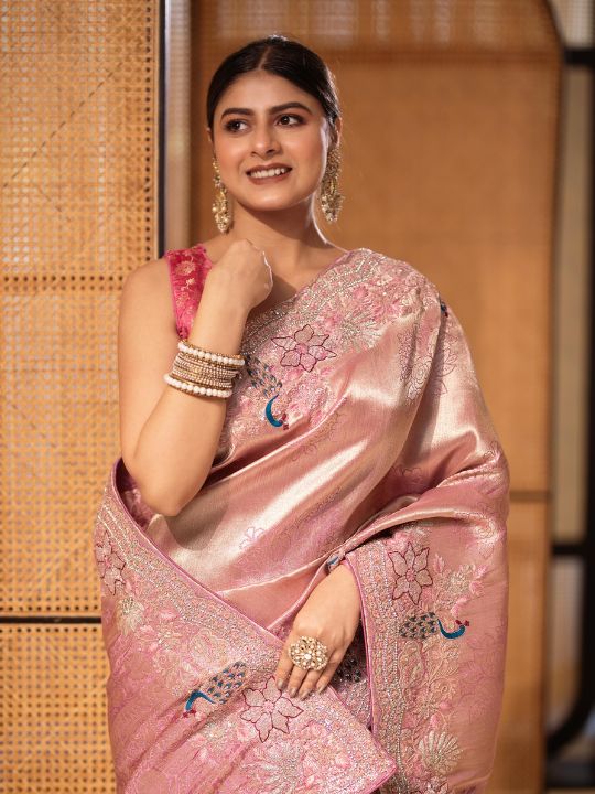 Pastel Pink Silk Saree with Peacock Embroidery & Floral Zari Work