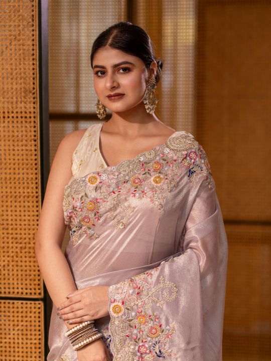 Pastel Lilac Embroidered Saree – Silk Blend with Floral Detailing