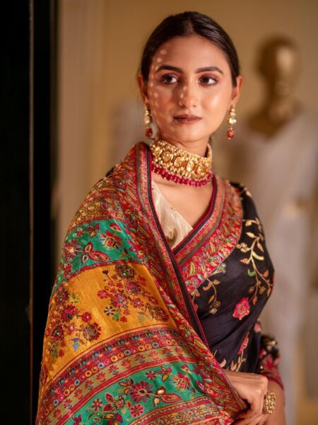 Black Silk Saree with Multicolor Resham & Zari Embroidered Border